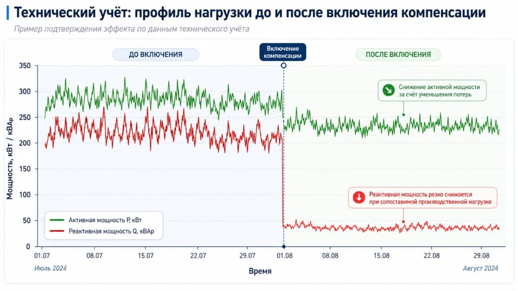 Реальный пример профиля нагрузки до и после включения компенсации